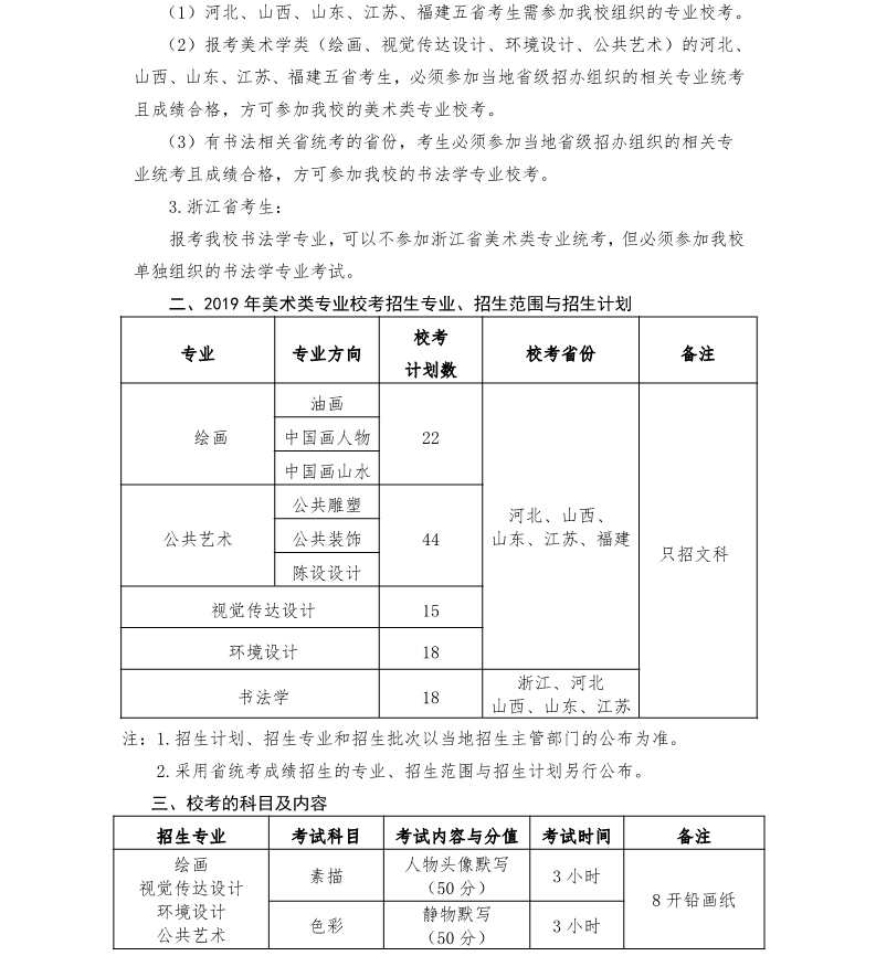 杭州師范大學2019年美術學院招生簡章 校考部分