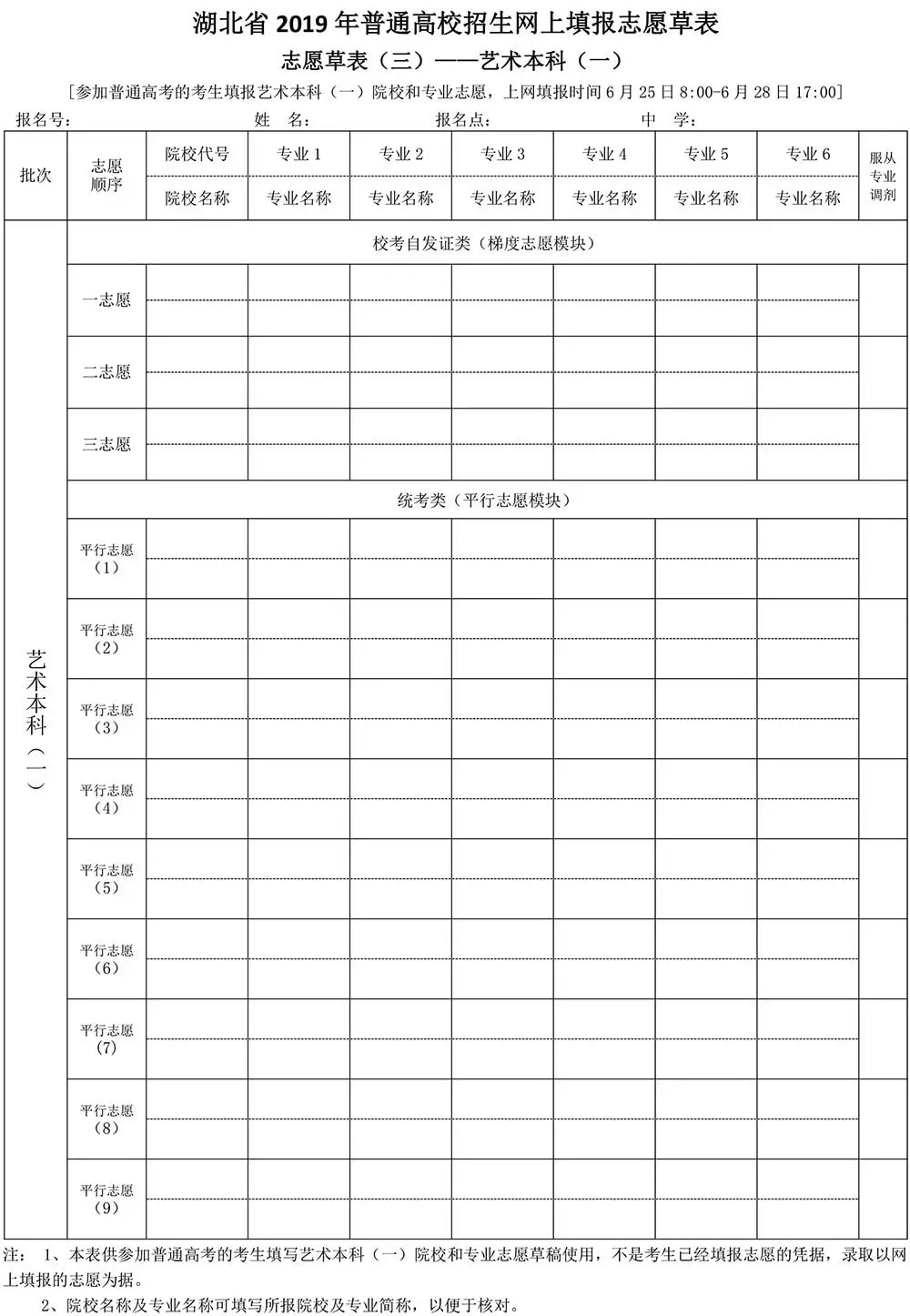 2019年湖北藝術(shù)類批次填報(bào)志愿草表