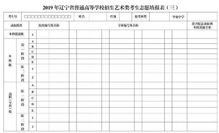 2019年遼寧藝術(shù)類批次志愿填報(bào)樣表