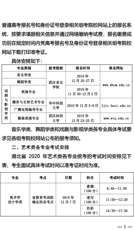 2020年湖北省藝術類專業統考工作通知