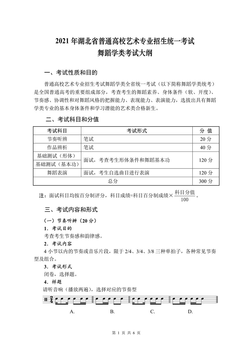 2021年湖北省跳舞學(xué)類統(tǒng)考考試大綱