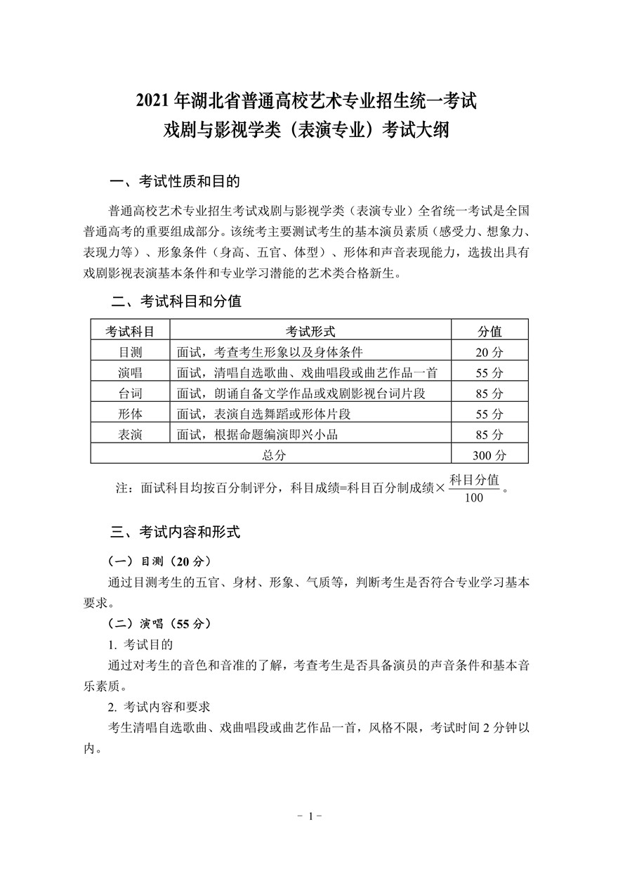 2021年湖北省表演專業統考考試大綱