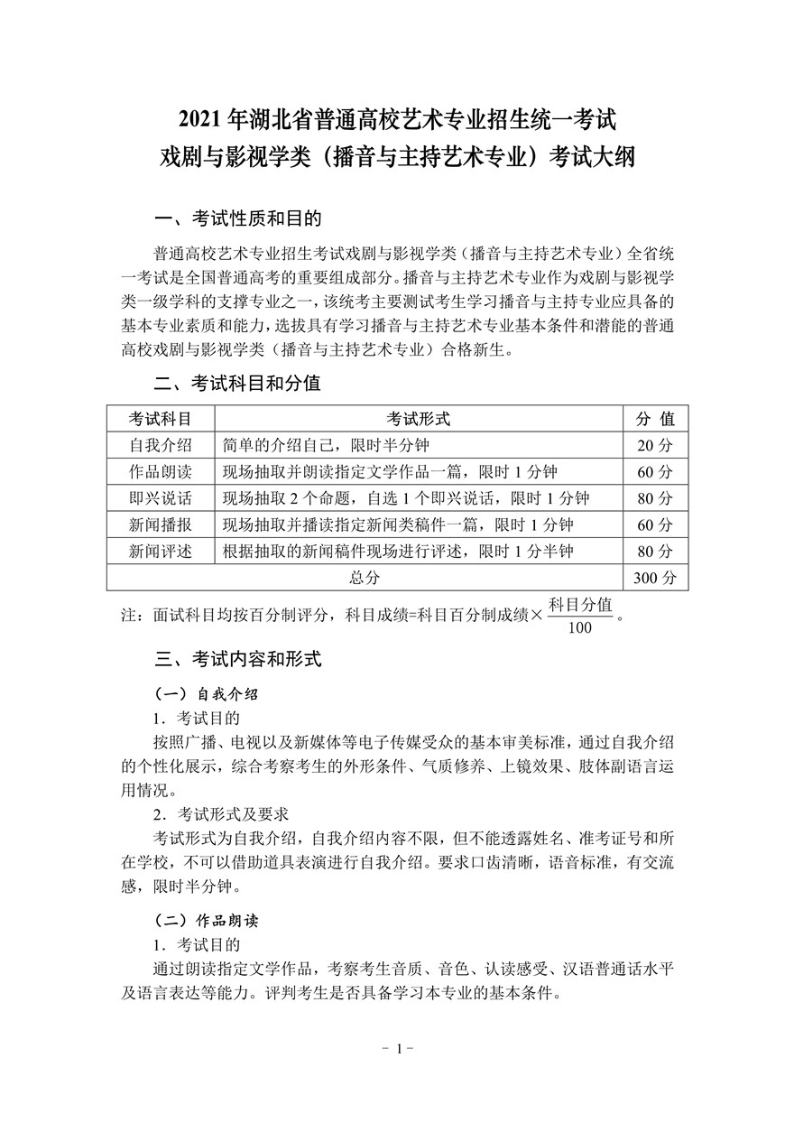 2021年湖北省播音主持專業(yè)統(tǒng)考考試大綱