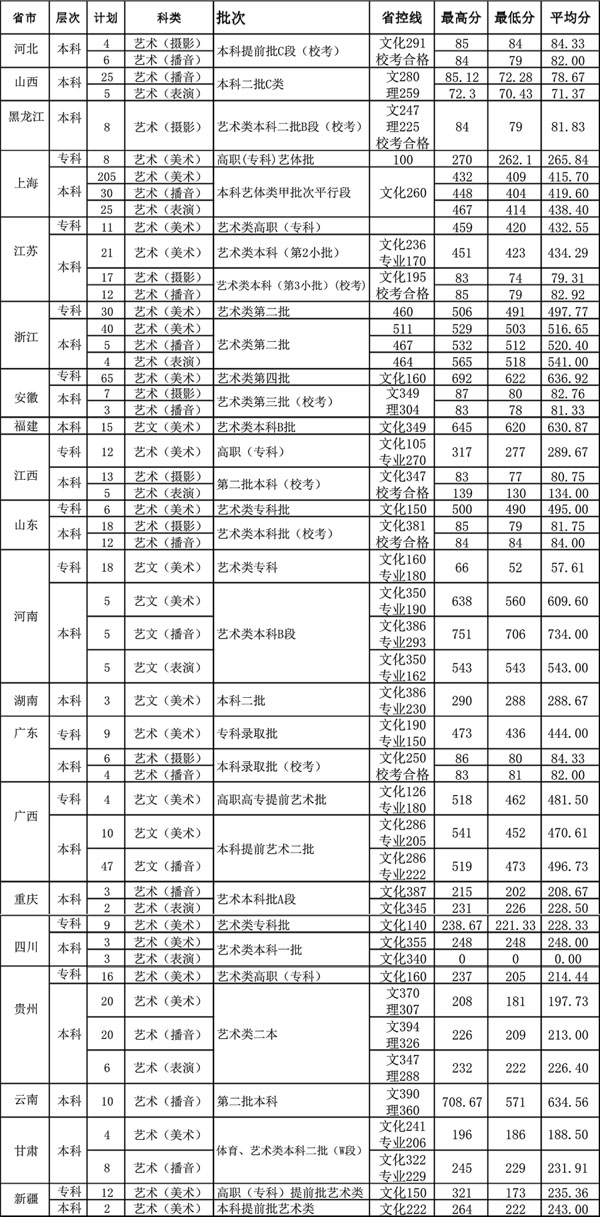 南華大學船山學院2020年美術類專業錄取分數線